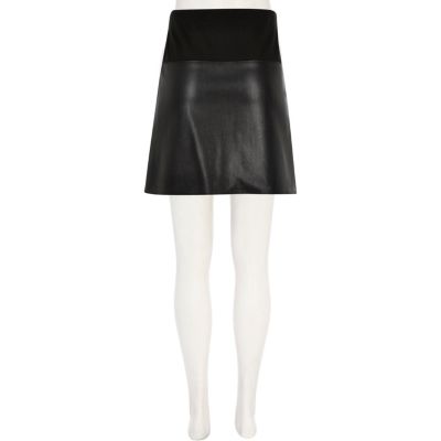 Girls black leather-look A-line skirt